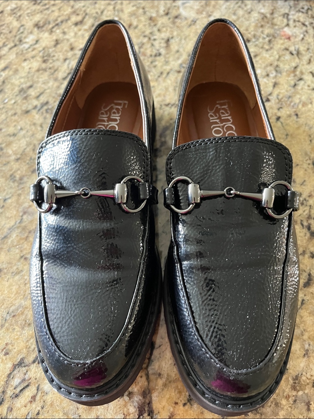 Franco Sarto Black Patent Leather Bit Loafers with Silver Hardware